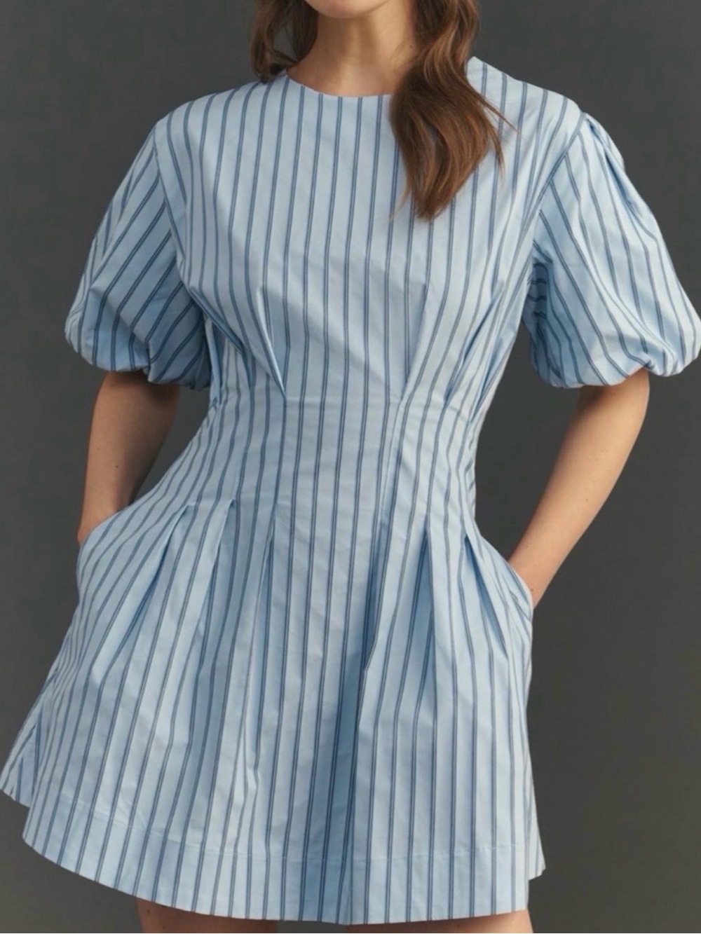 Light Blue Striped Nancy Puff-Sleeve Mini Dress